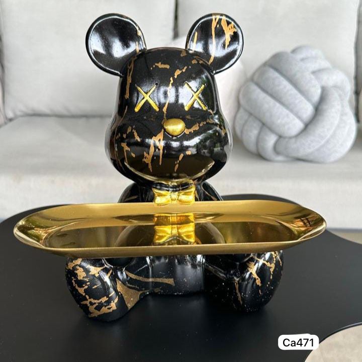 Articulo decorativo oso negro detalles dorado bandeja dorado 23cm* 19cm* 23cm